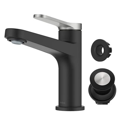 KRAUS Indy Single Handle One Hole Bathroom Sink Faucet in Spot-Free Brushed Nickel/Matte Black, KBF-1411SFBNMB - color: Spot Free Brushed Nickel/Matte Black, style: Basin + Pop-Up Drain