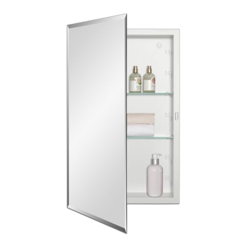 IDYLLOR Bathroom Medicine Cabinet with Beveled Edge Mirrored Door 16 x 26 inch, Recessed or Surface Mount, with Adjustable Glass Shelves - color: Matt White, size: 16x26 inch Beveled Edge Mirror