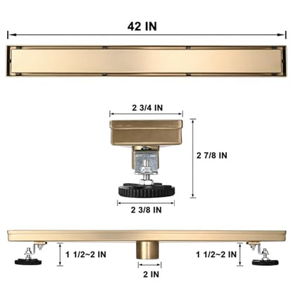 AVSIILE Linear Shower Floor Drain, Brushed Gold 42 Inch 304 Stainless Steel Bathroom Drains Kit, Rectangular Shower Trench Drain with Reversable Tile-in Pattern Drain Cover & Hair Catcher - color: Brushed Gold, size: 42 Inch