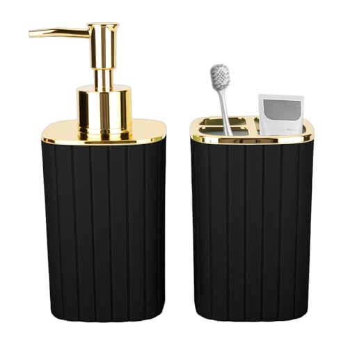 Black and Gold Bathroom Accessories, Soap Dispenser and Toothbrush Holder | Square Design, Easy Refill & Clean, Black Gold Bathroom Decor, Bathroom Countertop Organizer, Housewarming Gift - color: Black, size: 2Pcs