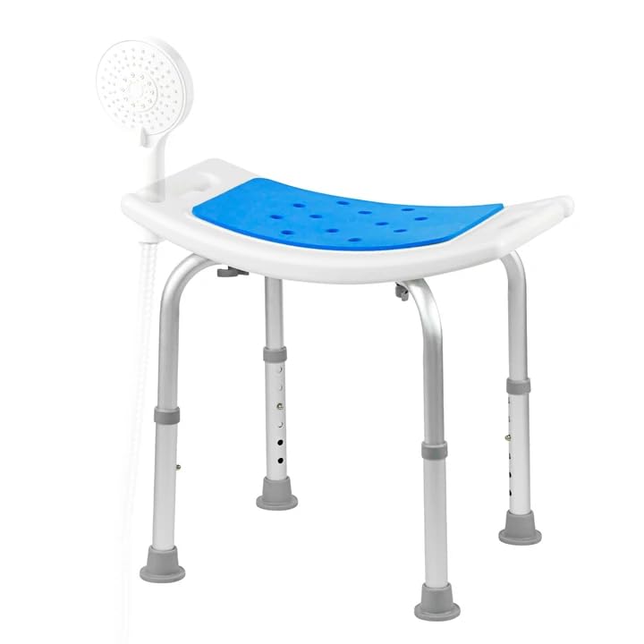 Heavy Duty Shower Chair with 6 Height Adjustments, 300 lbs Capacity Aluminum Frame, No Tool Required Assembly Bath Seat with EVA Cushion & Shower Holder for Elderly & Disabled