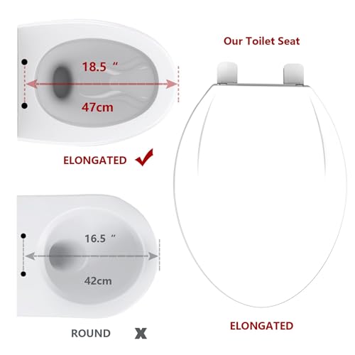 White Elongated Toilet Seat, Slow Close PP Plastic Toilet Cover with Quick-Release Hinges, Stain-Resistant & Easy Clean, Fits 18.5-19 inch Bowls - size: 19 inch