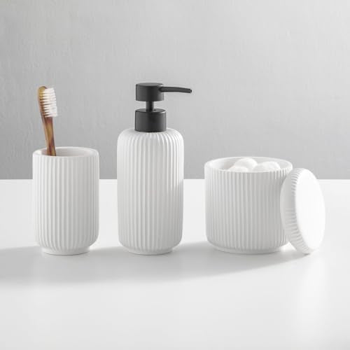 mDesign Fluted Resin 3-Piece Bathroom Vanity Countertop Accessories - Soap Dispenser, Tumbler Rinsing Cup, and Canister Holder Sets - Complete Modern Counter Aesthetic - Set of 3 - White