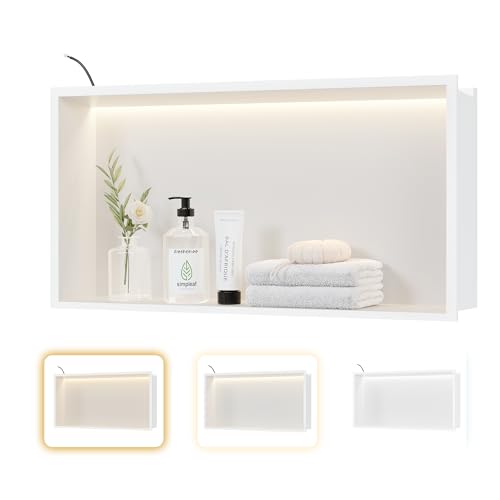 24"x12"White LED Shower Niche,3 CCT Dimmable Light, No Tile Needed | 304 Stainless Steel Bathroom Niche w/ Light(3000K/4000K/6000K), IP66 Waterproof, Space Saving & Durable ,LED Driver Included - color: White, size: 24X12In