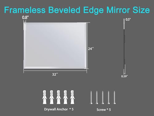 24x32 Inch Frameless Bathroom Mirror Rectangle Beveled Mirror Wall Mirror Explosion Proof and Shatterproof Bathroom Vanity Mirror Wall Mounted Hang Firmly (Horizontal or Vertical) - size: 24"L x 32"W