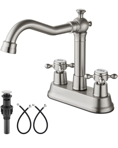 Aolemi 4 Inch Centerset Bathroom Sink Faucet Vintage 2 Cross Handle RV Mixer Tap Basin Vanity Lavatory Utility for Sink 3 Hole Include Hoses Pop Up Drain Faucet Handle with Label Brushed Nickel - color: Brushed Nickel, style: Faucet Handle with Label