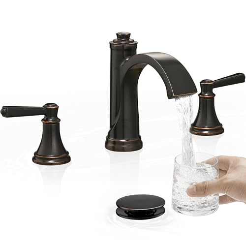Waterfall Bathroom Faucet 3 Hole, 4-16 Inch Oil Rubbed Bronze Bathroom Faucet, Brass Bathroom Sink Faucet, 2 Handle Bathroom Faucets, Bathroom Vanity Faucet with Pop-Up Drain, Water Hoses - color: Oil Rubbed Bronze