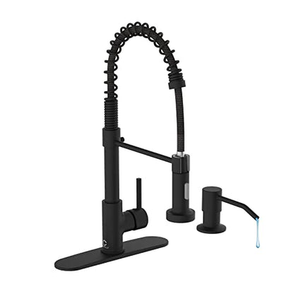 Kitchen Faucet Set, Black Kitchen Sink Faucets with Pull Down Sprayer and Soap Dispenser, Single Handle Stainless Steel Faucets for Kitchen Sinks, Farmhouse RV Faucet with Deck Plate - color: A-Matte Black, style: Contemporary