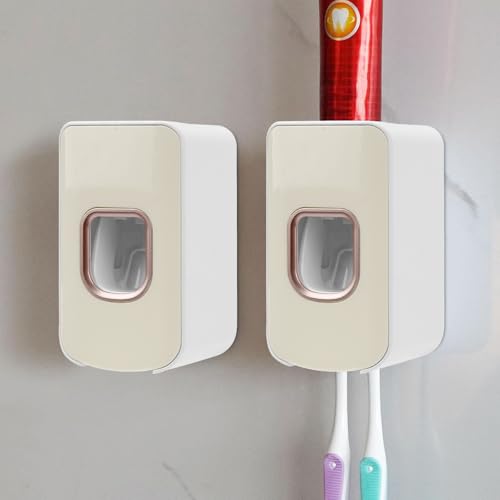 2 Slot Toothbrush Holder and Toothpaste Dispenser Wall Mounted, Automatic Toothpaste Squeezer, 2 in 1 Tooth Brush Toothpaste Organizer for Shower (Ivory Yellow 2Pack) - color: Ivory Yellow, size: 2