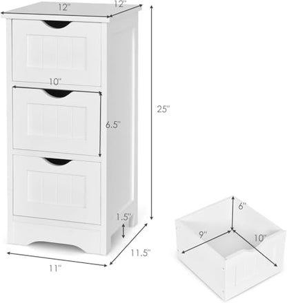 Floor Cabinet with 3 Drawers, Freestanding Side Storage Organizer, Wooden Storage Cabinet for Bathroom Home Office Living Room(White)