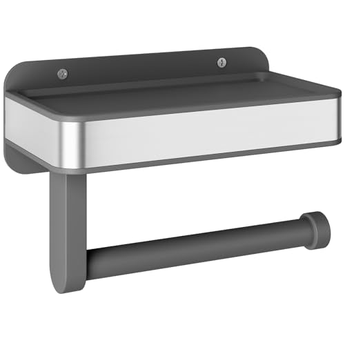 Kitsure Toilet Paper Holder with Shelf - Adhesive & Screw Wall Mount Toilet Paper Storage, Matte Black Design for Bathroom Decor, Space-Saving for Washroom, RV, Grey, 7.1" W - color: Grey, size: 7.1"W