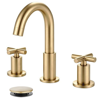 gotonovo 3 Hole Bathroom Faucet 8 inch Widespread Sink Vanity Faucet for Bathroom Sink 2 Cross Handle Deck Mount Basin with Pop Up Drain 360° Swivel Spout Brushed Gold - color: Brushed Gold