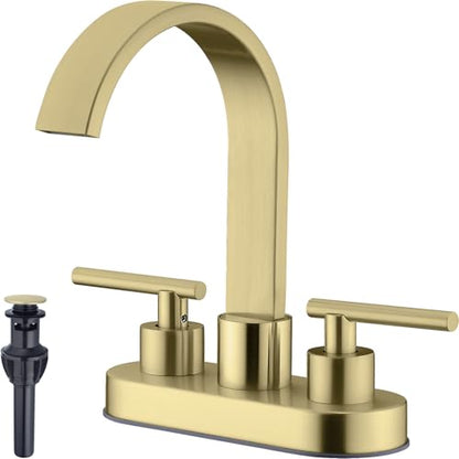 TRUSTMI 4" Centerset Bathroom Faucet, Brushed Gold - High-Flow Waterfall Spout for Deep Sinks, 360° Swivel, 2 or 3 Hole Deck Mount, Includes Drain & Supply Lines - color: Brushed Gold