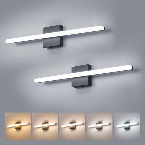 2 Pack 24Inch Long Vanity Light for Bathroom 5 Color Adjustable Modern, Bright 14W 1250LM Black Bath Bar Lighting Fixtures Over Mirror IP44 Rustproof Minimalist Led Wall Sconce for Powder Room - color: 5CCT-Not Dimmable, size: 24inch-2 pack