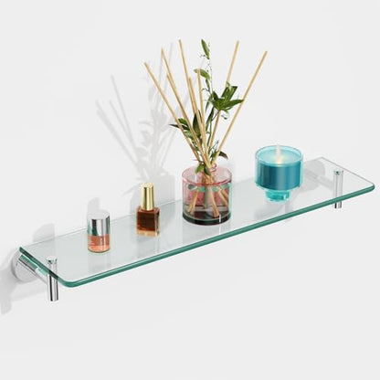 Glass Shelves for Bathroom,16-Inch Chrome Polished Floating Bathroom Shelf Stainless Steel Tempered Glass Shelf Modern Shelves wall Mounted - color: Chrome Polished, size: 16"without railing