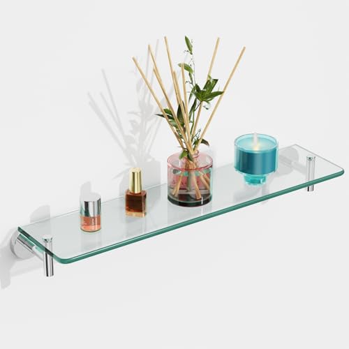 Glass Shelves for Bathroom,16-Inch Chrome Polished Floating Bathroom Shelf Stainless Steel Tempered Glass Shelf Modern Shelves wall Mounted - color: Chrome Polished, size: 16"without railing