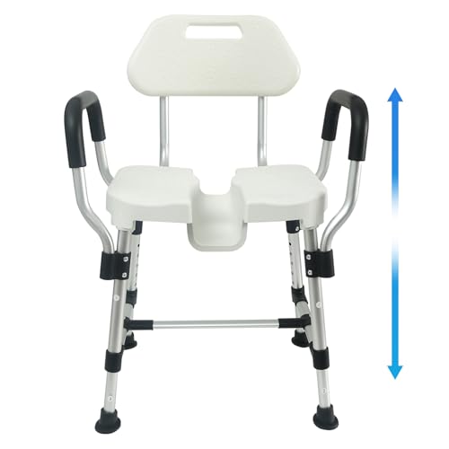 U-Shaped Shower Chair for Inside Shower, 400lbs Max Heavy Duty Triple-Bar Base Reinforcement, with Arm and Back for Elderly and Disabled, Adjustable Height, Effortless Personal Hygiene Access
