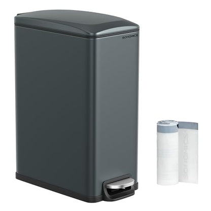 SONGMICS Slim Trash Can, 13-Gallon (50 L) Garbage Can for Narrow Spaces with Soft-Close Lid, Inner Bucket, and Step-on Pedal, Stainless Steel, 15 Trash Bags Included, Charcoal Gray ULTB510G01 - color: Charcoal Gray, style: 13 Gal.
