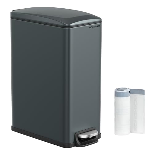 SONGMICS Slim Trash Can, 13-Gallon (50 L) Garbage Can for Narrow Spaces with Soft-Close Lid, Inner Bucket, and Step-on Pedal, Stainless Steel, 15 Trash Bags Included, Charcoal Gray ULTB510G01 - color: Charcoal Gray, style: 13 Gal.