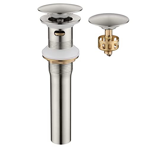 Pop up Sink Drain Stopper with Overflow Brushed Nickel for Bathroom Vessel Vanity Sink Art Basin，Big Cap Sink Drain with Overflow, Metal Pop-up Drain Strainer with Detachable Basket Stopper - color: Brushed Nickel, style: with overflow