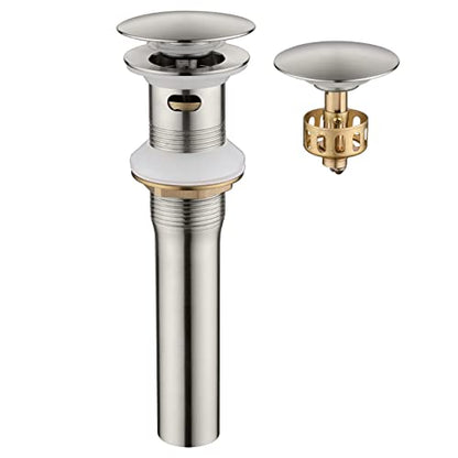 Pop up Sink Drain Stopper with Overflow Brushed Nickel for Bathroom Vessel Vanity Sink Art Basin，Big Cap Sink Drain with Overflow, Metal Pop-up Drain Strainer with Detachable Basket Stopper - color: Brushed Nickel, style: with overflow