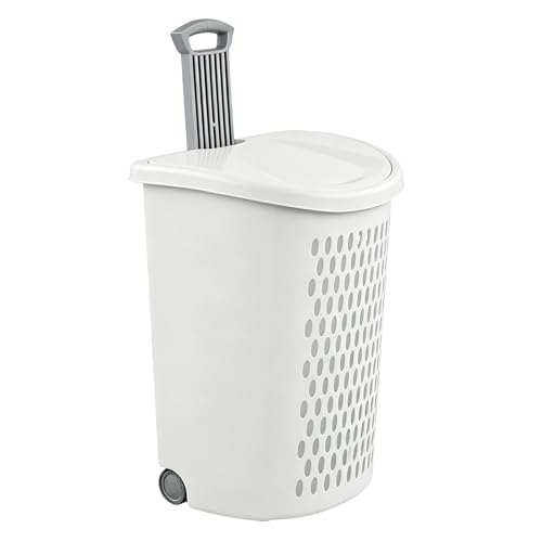 White Laundry Basket, Lid & Wheeled Plastic Laundry Hamper, Hamper with Retractable Handle, Rolling Laundry Hamper for Room, Bathroom, Dormitory, Bedroom