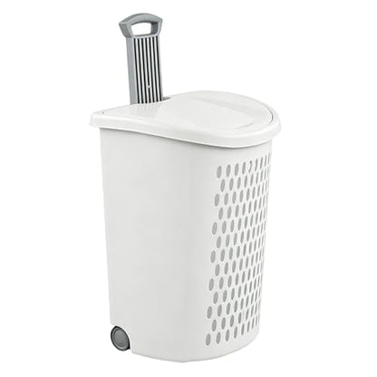 White Laundry Basket, Lid & Wheeled Plastic Laundry Hamper, Hamper with Retractable Handle, Rolling Laundry Hamper for Room, Bathroom, Dormitory, Bedroom