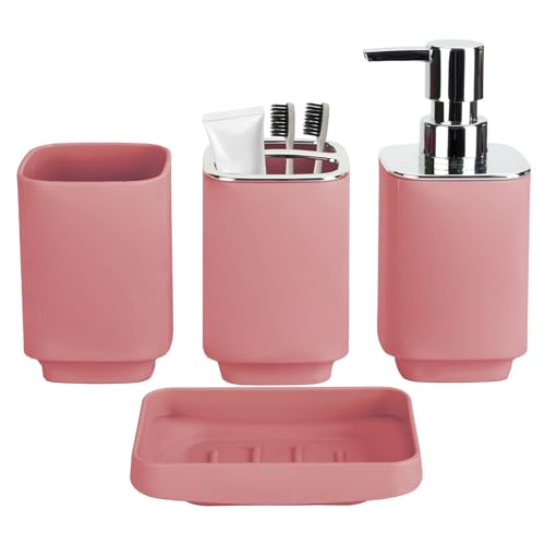 4Pcs Pink Bathroom Set, Square Boho Soap & Toothbrush Holder Set | Thick shatterproof ABS, electroplated rust-proof pump, drip-free, multi-slot holder, dustproof lids, easy-clean - color: Pink, size: 4PCS