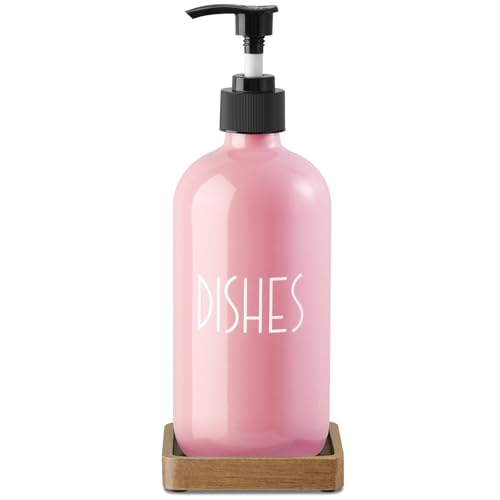Pink Glass Dish Soap Dispenser with Acacia Wood Tray, 16 oz Refillable Kitchen Soap Pump Bottle, Decorative Countertop Soap Dispenser Set for Kitchen Bathroom Accessories - color: Pink-dish