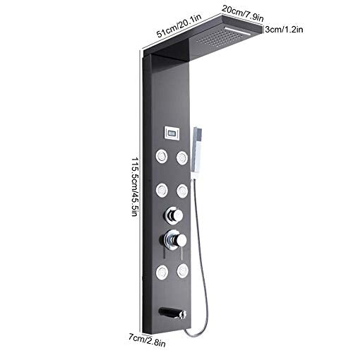 Black Shower Panel System Digital Display Shower Panel Tower Multifunction Stainless Steel Shower System with Rain Shower Head, Handheld Sprayer, Massage Body Jets, Tub Spout