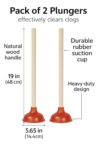 Bexter 19-Inch Toilet Plunger, Pack of 2 – Wooden Handle & Heavy-Duty Rubber Cup for Toilets, Sinks & Drains – Auburn