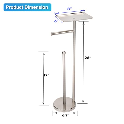 Toilet Paper Holder with Shelf, Freestanding Tissue Paper Stand with Storage Space for Extra 4 Toilet Paper Rolls (Stainless Steel Base, Brushed Nickel) - color: Brushed Nickel