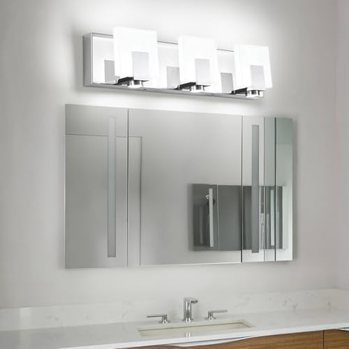 SOLFART Bathroom Lighting Fixtures Over Mirror Chrome 3 Light Bathroom Vanity Light Dimmable LED Lights Stainless Steel Acrylic - color: Chrome,Spotlight Model-6000K,100%-0% Dimmble Brightness, size: 3- Light,20Inch