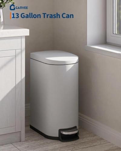 Garvee 13 gal / 50 L Metal Kitchen Trash Can with Lid, Slim Rustproof Garbage Can, Large Step-on Trash Bin with Inner Bucket, Rear Handle, Soft Close Lid, Grey - color: Grey, size: 13.2 Gallons
