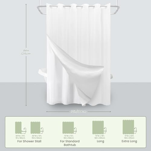 Inhousolu No Hook Shower Curtain with Removable Snap-in Liner, Waffle Weave 230 GSM Polyester, Weighted Hem, Water Repellent Washable, 72 x 84 Inch, White - color: White, size: 72"W x 84"L (Pack of 1)