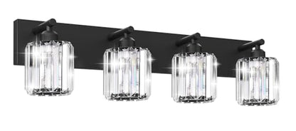 Black Crystal Bathroom Vanity Light, 4-Light Modern Bathroom Lighting Fixtures Over Mirror, Matte Black Wall Sconce Light Fixtures with Round Shade - color: Black-Round Shade, size: 4-LIGHT