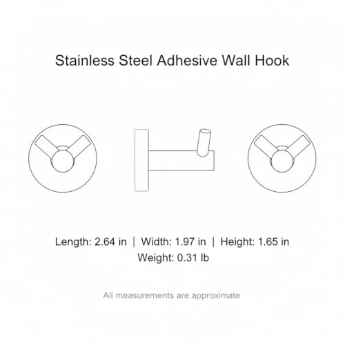 Wall Hook Stainless Steel Adhesive Mount for Bathroom Tile and Glass, Drill-Free Holder for Wet Towels and Robes (1 Piece) - size: 2.64 x 1.97 x 1.65 in