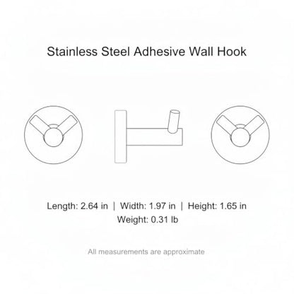 Wall Hook Stainless Steel Adhesive Mount for Bathroom Tile and Glass, Drill-Free Holder for Wet Towels and Robes (1 Piece) - size: 2.64 x 1.97 x 1.65 in