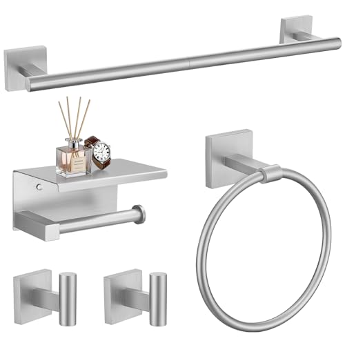 TURS 5-Pieces Brushed Nickel Bathroom Hardware Set 23.6 Inch SUS304 Stainless Steel Towel Bar Set Wall Mounted Square Toilet Paper Holder with Shelf - color: Brushed Nickel, size: 5-Pieces Set