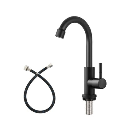 Heyalan SUS304 Cold Water Bar Sink Faucet, Single Handle,Matte Black | SUS304 stainless steel, high-arc gooseneck, single-hole deck mount, 24-inch supply hose, 2.5-inch shank, 1.8 GPM - color: Matte Black