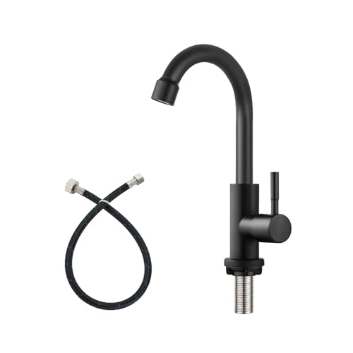 Heyalan SUS304 Cold Water Bar Sink Faucet, Single Handle,Matte Black | SUS304 stainless steel, high-arc gooseneck, single-hole deck mount, 24-inch supply hose, 2.5-inch shank, 1.8 GPM - color: Matte Black