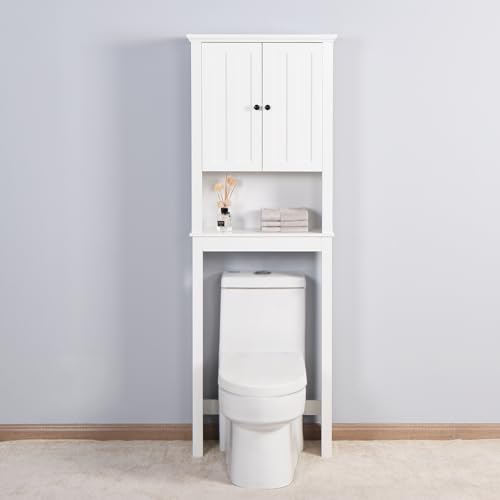 Over The Toilet Storage Cabinet, Bathroom Storage Cabinet Organizer with Double Doors and Adjustable Shelf, 23.62x7.72x67.32 inch,Bathroom Space Saver,White