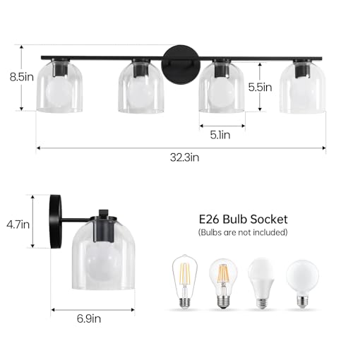 WOSHITU Bathroom Vanity Light Fixtures: 32.3 Inch Modern Matte Black Bathroom Lighting Fixtures Over Mirror with Clear Glass Shade 4 Light Vanity Lighting Fixtures Farmhouse Vanity Lights - color: Matte Black, size: 4-light