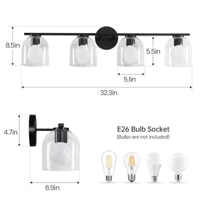 WOSHITU Bathroom Vanity Light Fixtures: 32.3 Inch Modern Matte Black Bathroom Lighting Fixtures Over Mirror with Clear Glass Shade 4 Light Vanity Lighting Fixtures Farmhouse Vanity Lights - color: Matte Black, size: 4-light