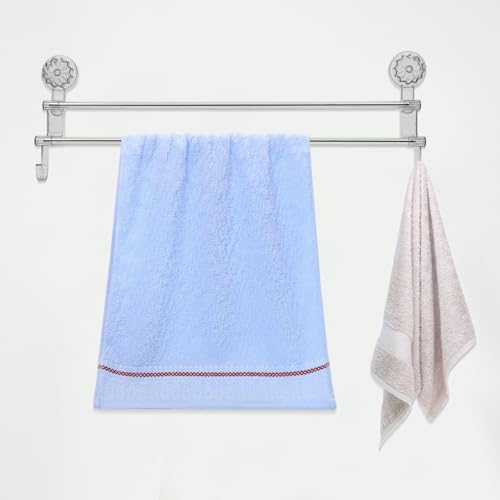 SEWACC Wall-Mount Double Rod Towel Rack with Suction Cups 58.8cm Gray Bathroom Towel Organizer and Holder with Hooks for Wet and Dry No Drilling Installation