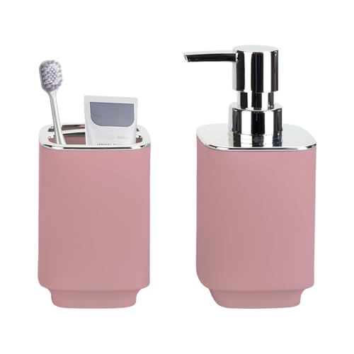 Pink Bathroom Accessories 2 Pcs, Soap Dispenser and Toothbrush Holder Set | Boho Bathroom Set for Bathroom Countertop Storage and Decor - color: Pink, size: 2PCS
