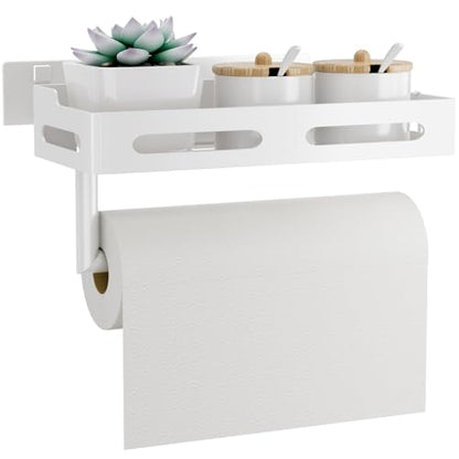 Paper Towel Holder Wall Mount with Shelf, Easy One Hand Tear, Adhesive Glue or Drill Mount Hanging Paper Towel Holder with Shelf for Kitchen/Bathroom/RV, White Metal, 4 Hooks - color: White