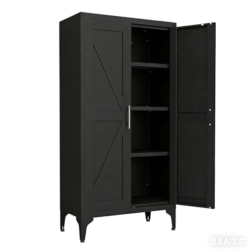 47" Kitchen Pantry Storage Cabinets with 2 Doors and 3 Adjustable Shelves, White Pantry Cabinet, Tall Metal Food Storage Cupboard for Kitchen, Dining Room - color: Black, size: 47H