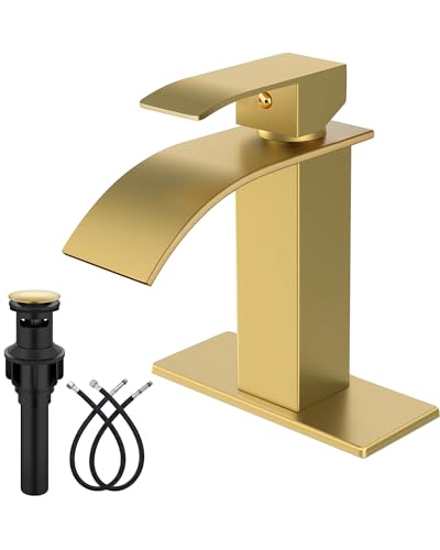 Midanya Waterfall Bathroom Faucet 1 Hole,Gold | with 24” Hoses,Pop Up Drain,6” Deck Plate,for 1 or 3 Hole Vanity,Lavatory,RV,Single Handle Bathroom Sink Faucet,NSF Certified - color: Gold