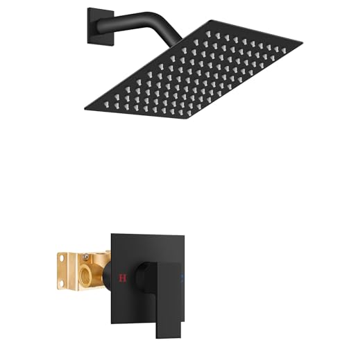 Airuida Matte Black Shower Faucet Set,8 Inch Shower Valve Kit | Square Showerhead,Female Thread Rough-in Valve,Bathroom Rain Shower System,Single Function Handle - color: Matte Black